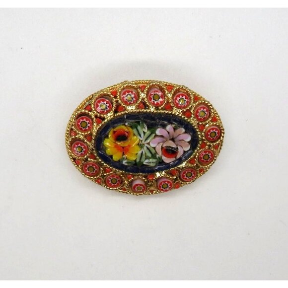 Vintage Italian Micro Mosaic Floral Brooch Millefiori Pin Gold Tone Oval Shape - Picture 5 of 13